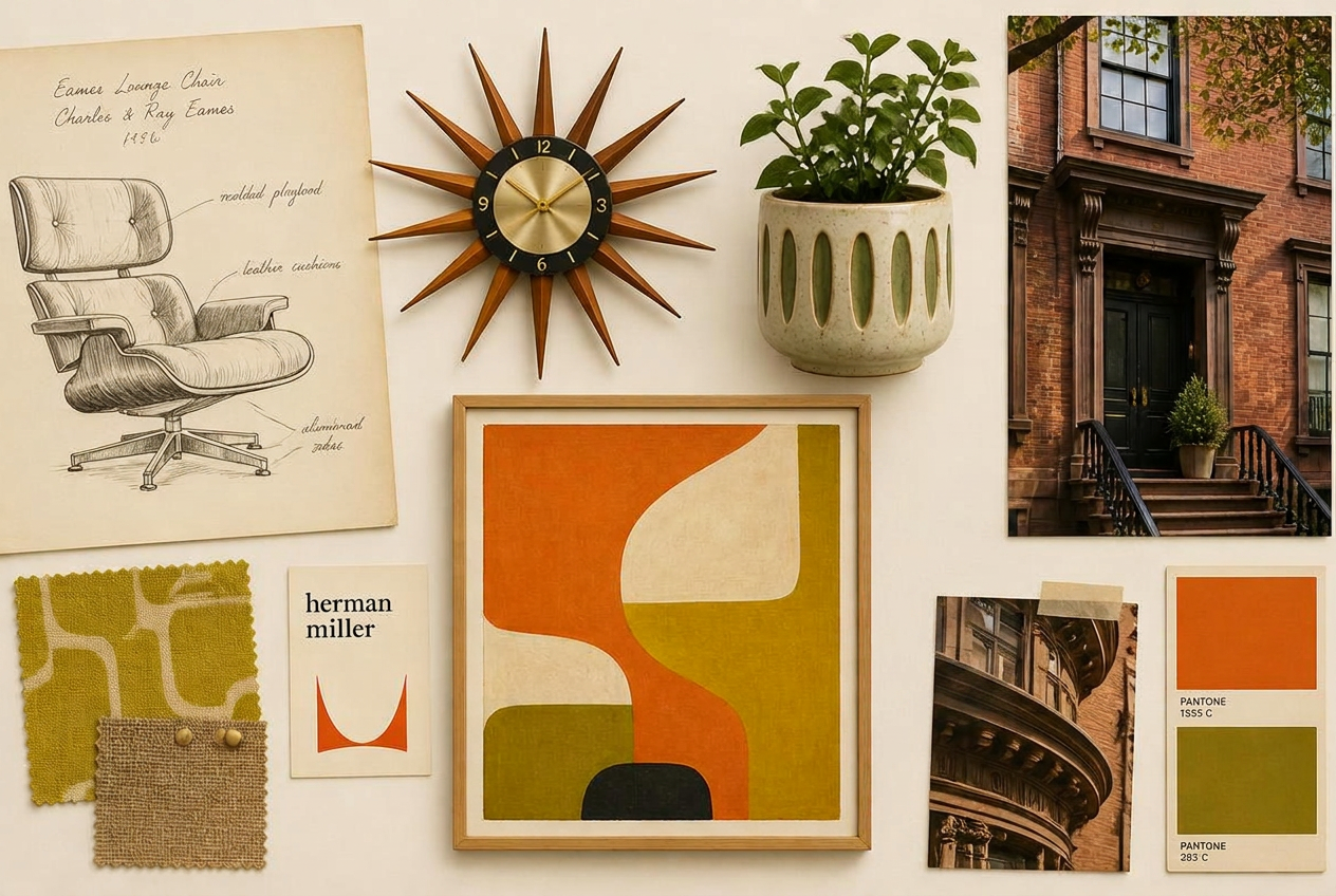 A mood board of mid-century modern inspiration including an Eames chair sketch, sunburst clock, and abstract art in orange and chartreuse