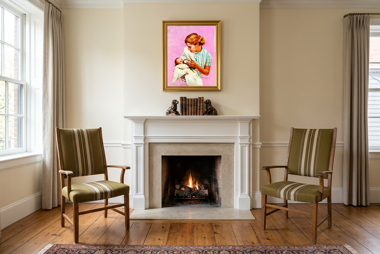 A brownstone living room with two Danish oak armchairs in olive striped upholstery flanking a white mantel fireplace, antique bronze dog figurines on the mantel, and a pink portrait painting above